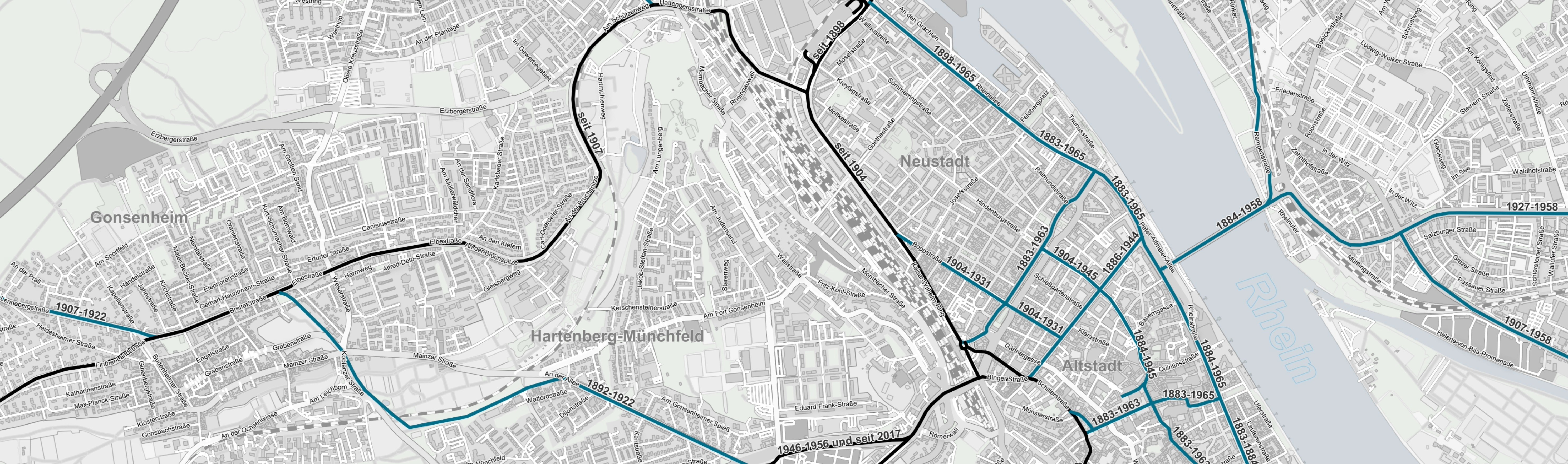 Kartenausschnitt zur Entwicklung des Mainzer Straßenbahnnetzes Zweiter Karteausschnitt