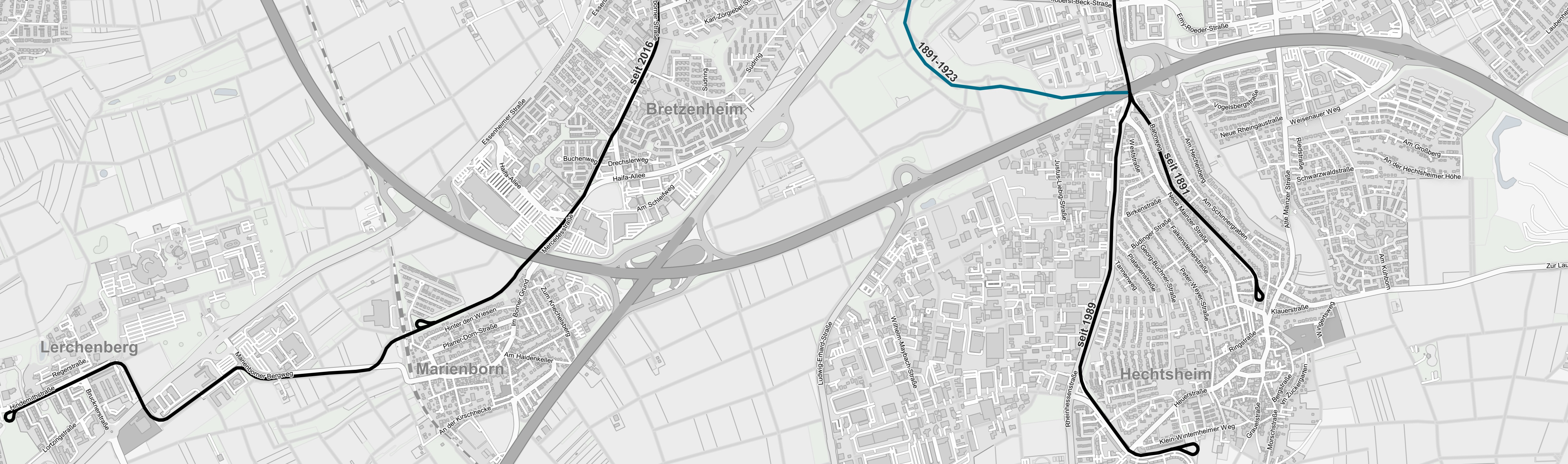 Kartenausschnitt zur Entwicklung des Mainzer Straßenbahnnetzes Vierter Kartenausschnitt